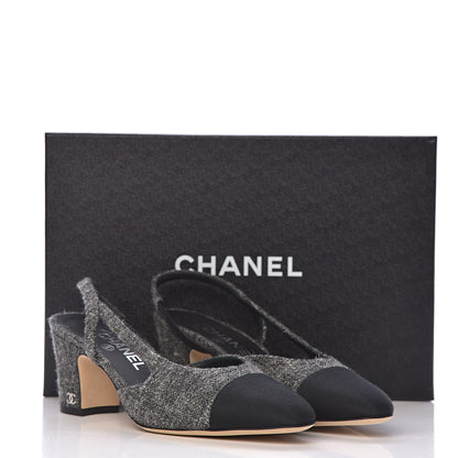 Chanel Tweed Grosgrain Cap Toe CC Slingback Pumps 37 Black Dark Grey 9 of 9