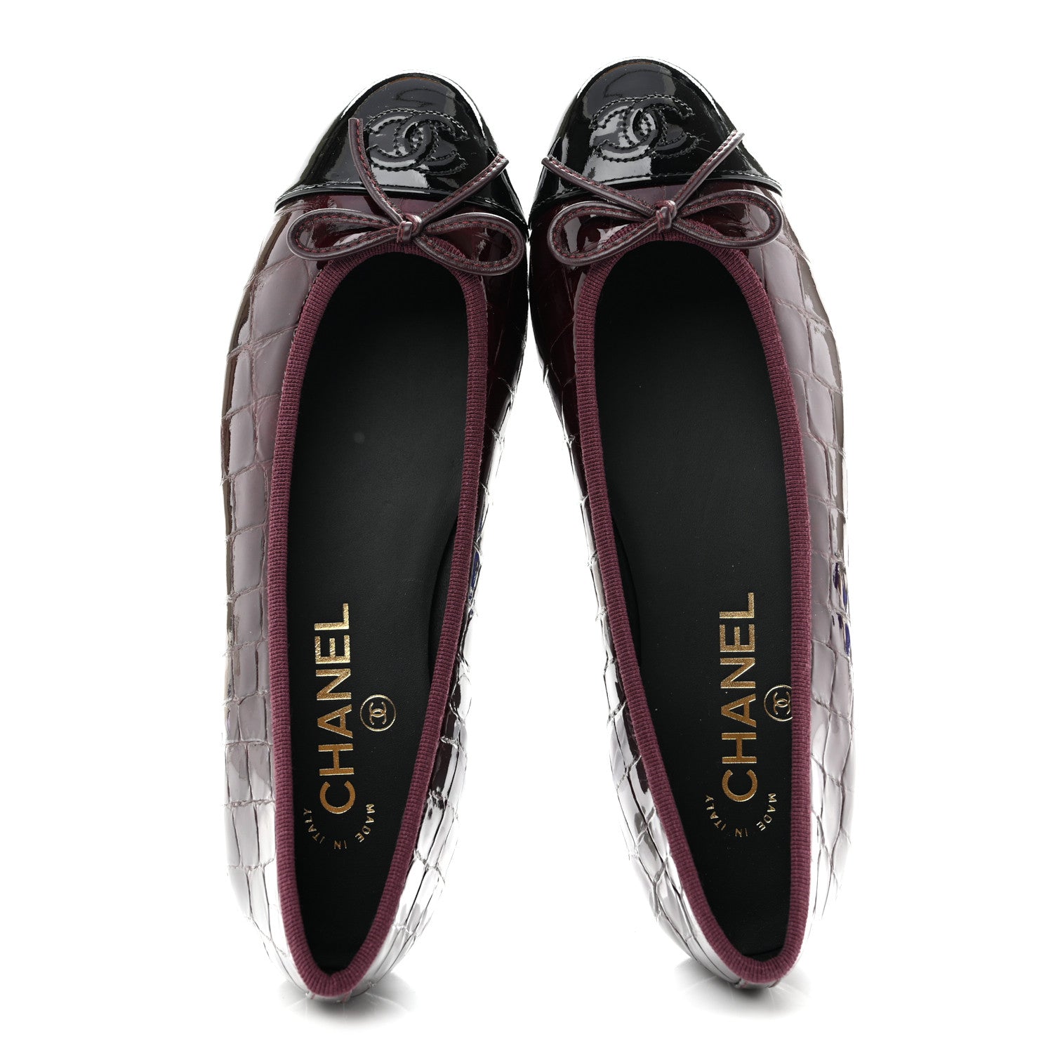 Chanel Patent Calfskin Crocodile Embossed Ballerina Flats 37 Dark Burgundy Black 2 of 10
