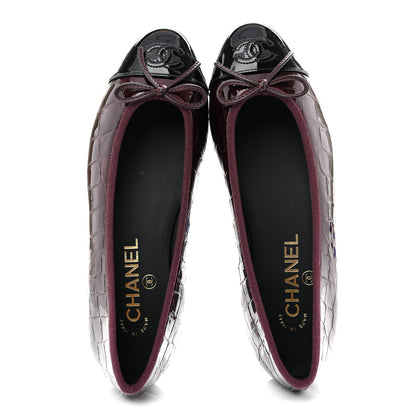 Chanel Patent Calfskin Crocodile Embossed Ballerina Flats 37 Dark Burgundy Black 2 of 10