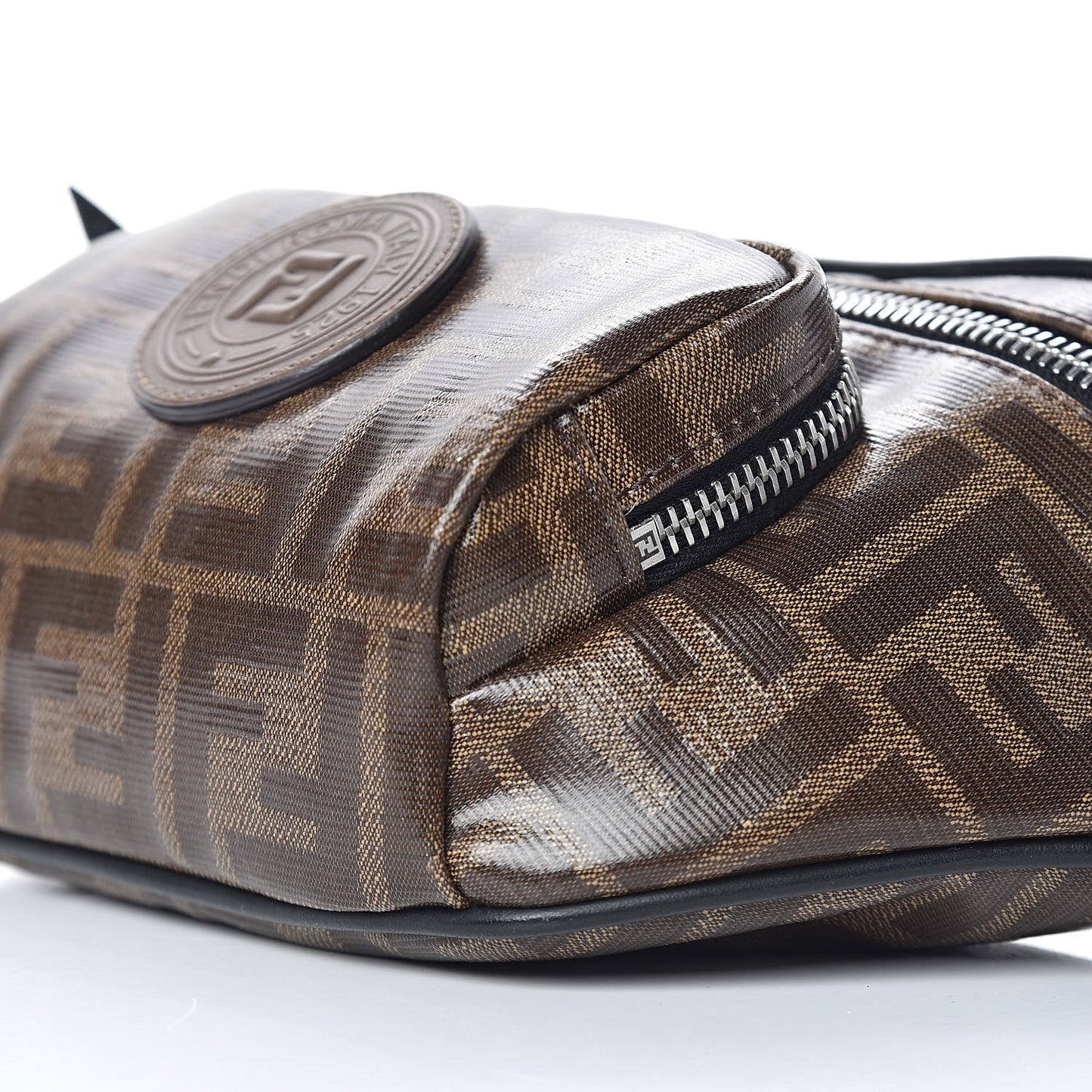Glazed Fabric Vitello Century FF 1974 Stamp Patch Mens Pocket Belt Bag Mogano Panna Black