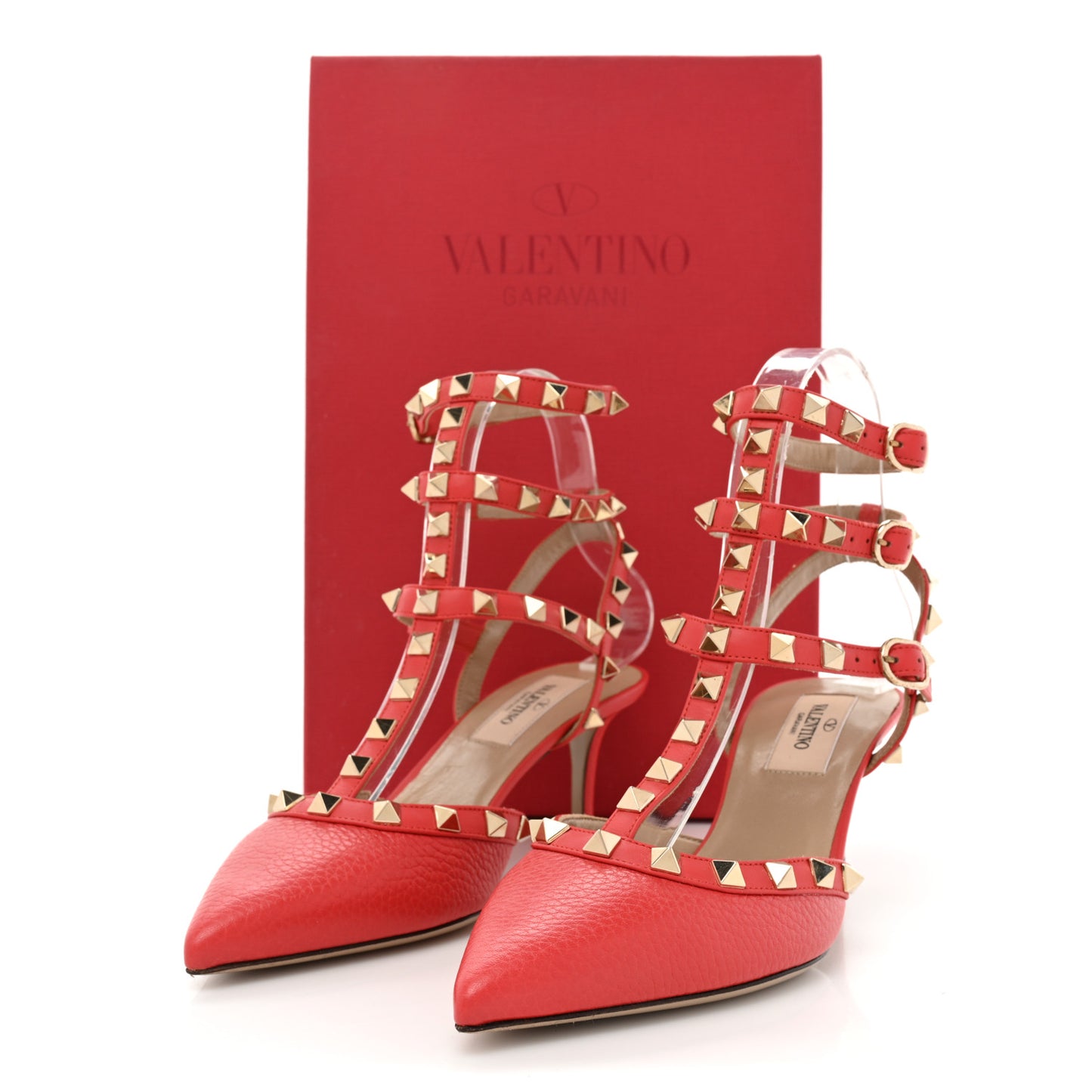 Pebbled Calfskin Rockstud Ankle Strap 65mm Pumps 35.5 Deep Coral