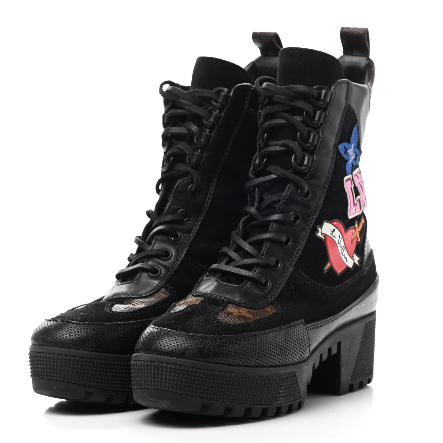 Louis Vuitton Suede Calfskin Monogram LV Black Heart Laureate Platform Desert Boots 37.5 Black 3 of 9