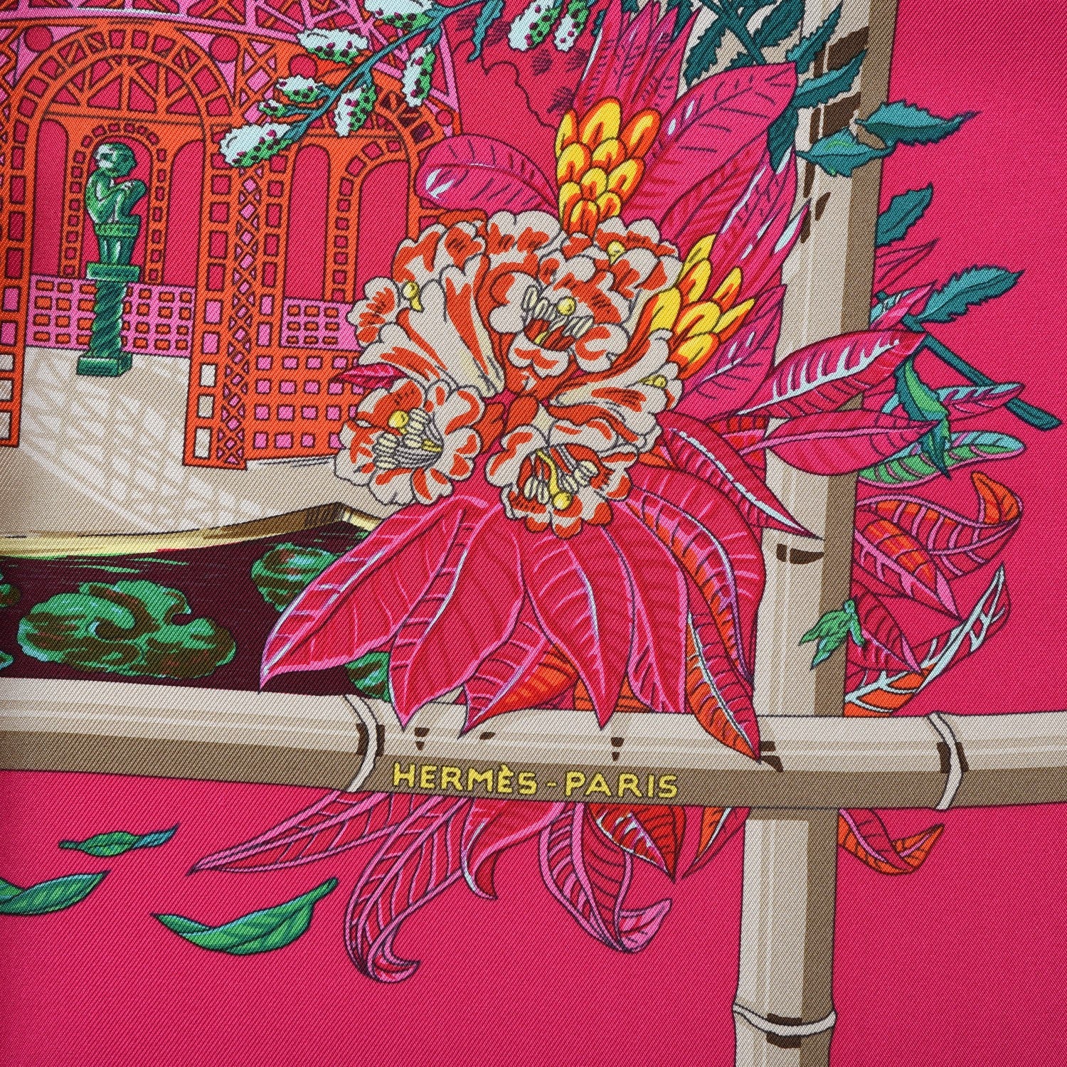 Hermes Silk Jardins D Hiver Scarf 90 Rose Vif Vert Creme 3 of 5