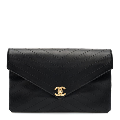 Chanel Lambskin Chevron Quilted Envelope Clutch Black 1 of 10