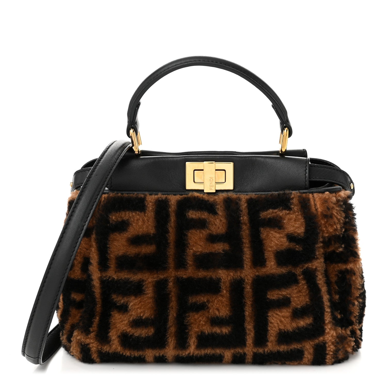 Fendi Shearling Nappa Macro FF 1974 Mini Peekaboo Iconic Satchel Tobacco Black 1 of 11