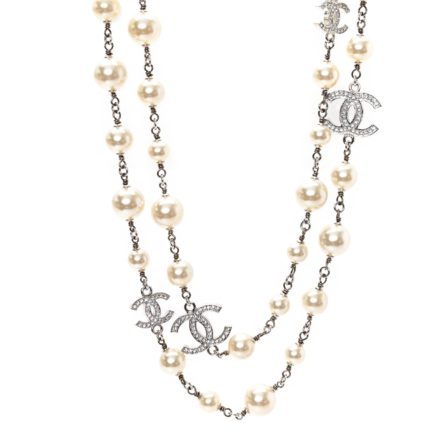 Crystal Pearl CC Long Necklace Silver