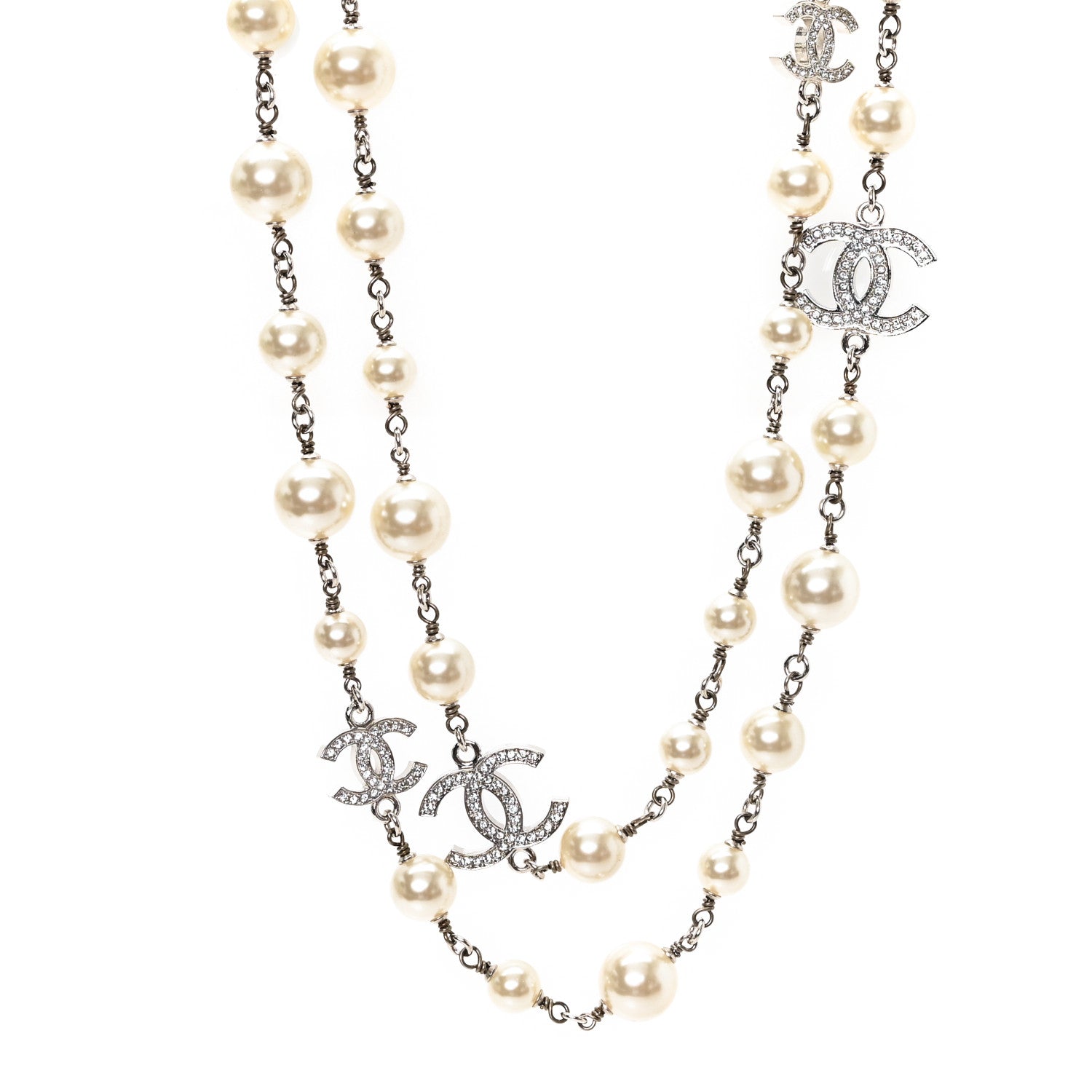 Chanel Crystal Pearl CC Long Necklace Silver 1 of 5