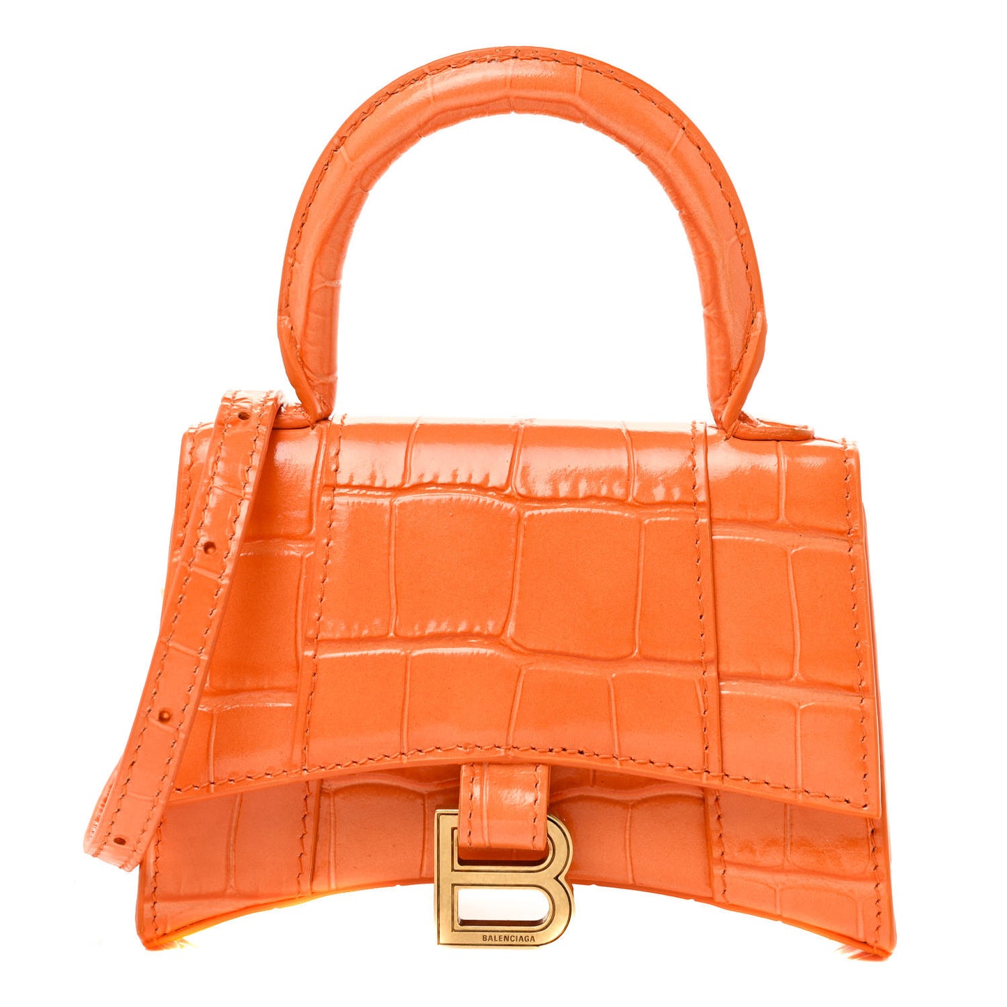 Shiny Calfskin Crocodile Embossed Hourglass Top Handle Bag Mini Orange