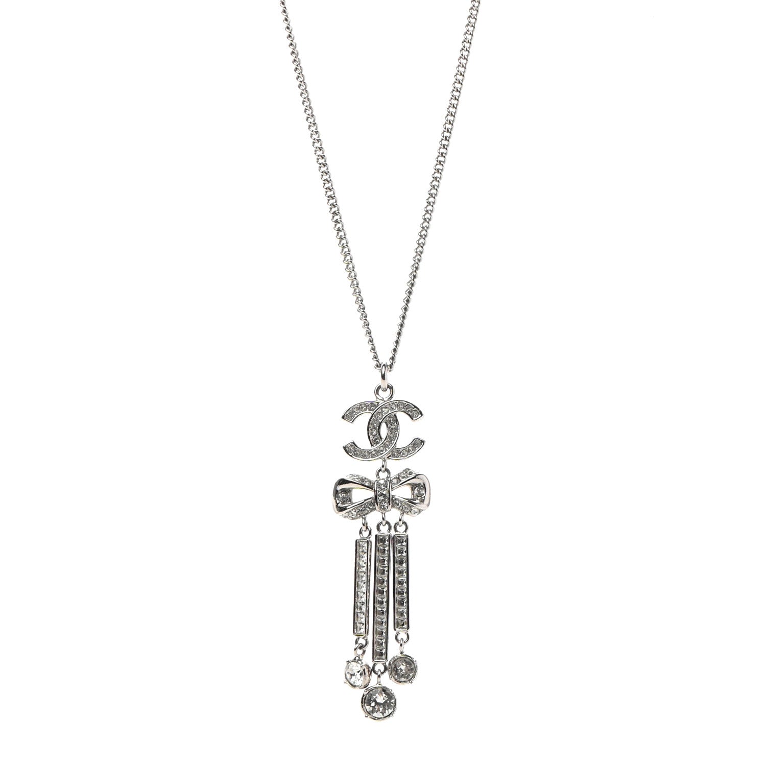 Chanel Crystal CC Bow Drop Necklace Silver 4 of 6
