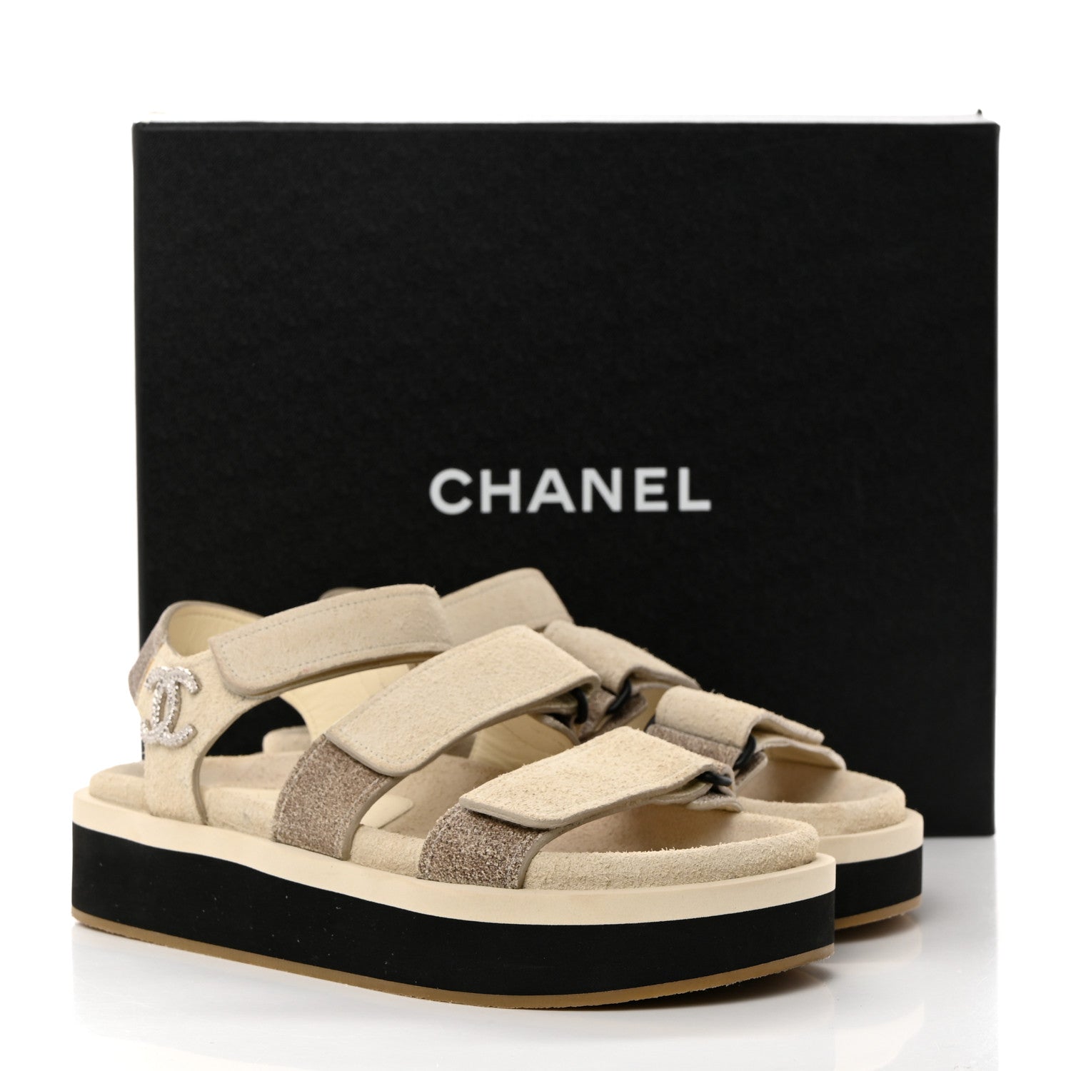Chanel Suede Calfskin Velcro Flat Sandals 35 Ecru Dark Beige 9 of 9