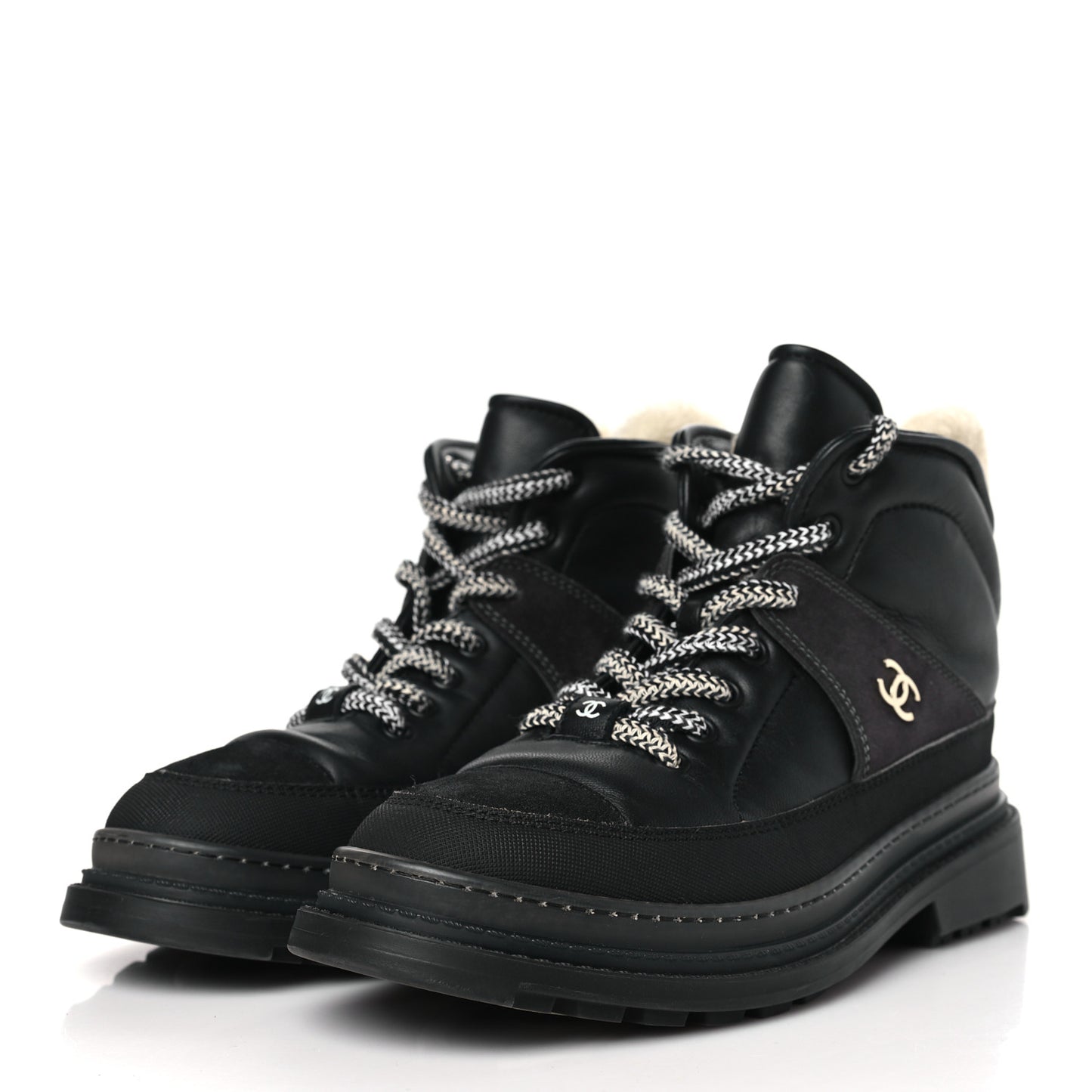 Lambskin Shearling Suede CC High Lace Up Boots 38 Black