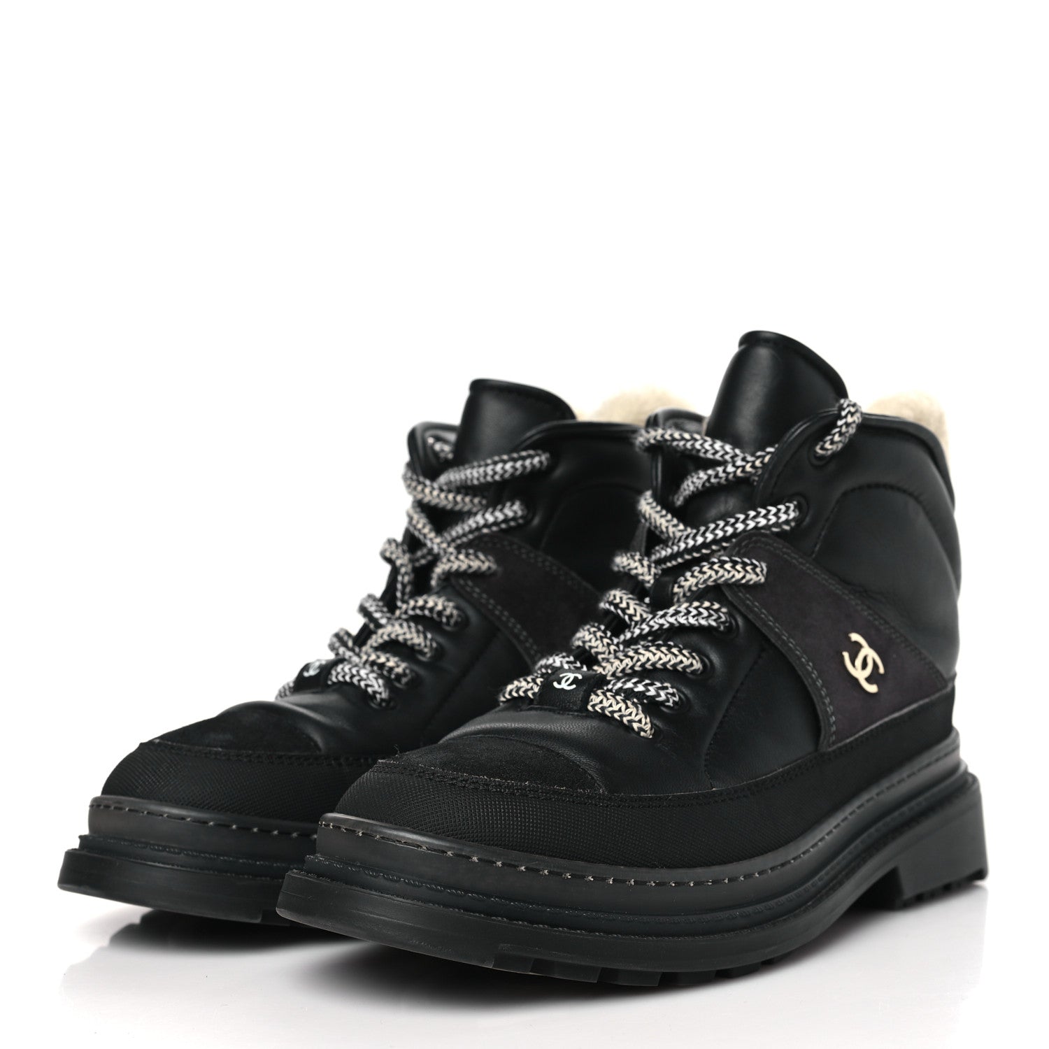 Chanel Lambskin Shearling Suede CC High Lace Up Boots 38 Black 3 of 8