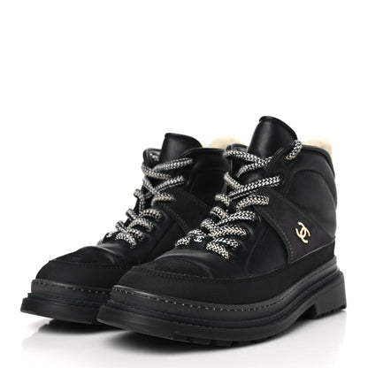 Chanel Lambskin Shearling Suede CC High Lace Up Boots 38 Black 3 of 8