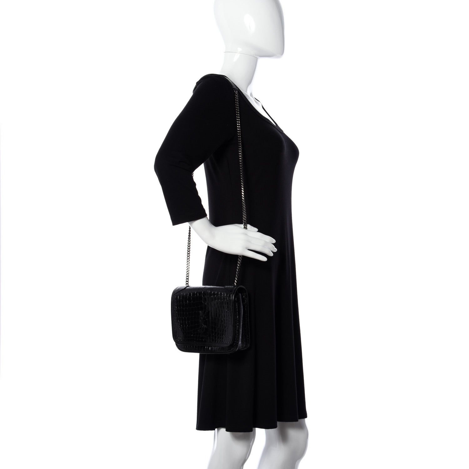 Saint Laurent Crocodile Embossed Lambskin Matelasse Monogram Niki Chain Wallet Black 2 of 9
