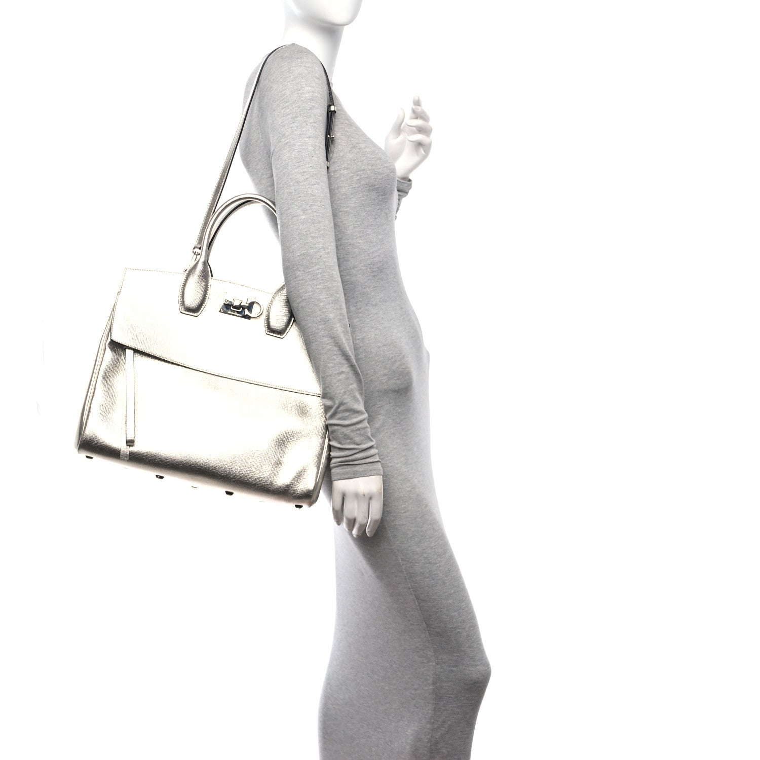 Salvatore Ferragamo Metallic Hammered Calfskin Studio Top Handle Bag Silver 2 of 12