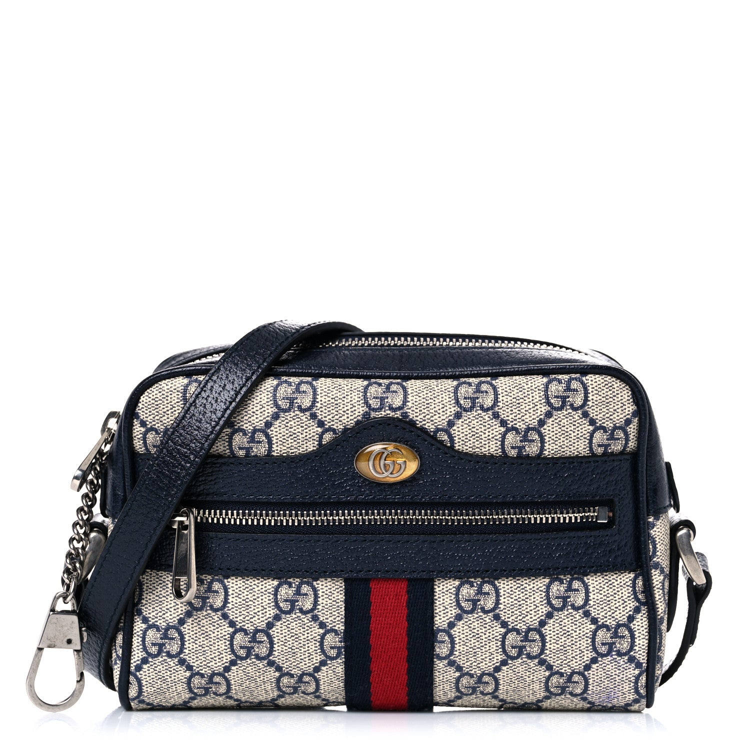 Gucci GG Supreme Monogram Textured Dollar Calfskin Web Mini Ophidia Shoulder Bag Beige Blue 1 of 10