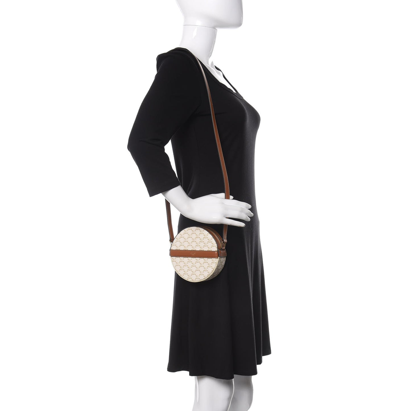 Lambskin Triomphe Canvas Round Purse On Strap White Tan