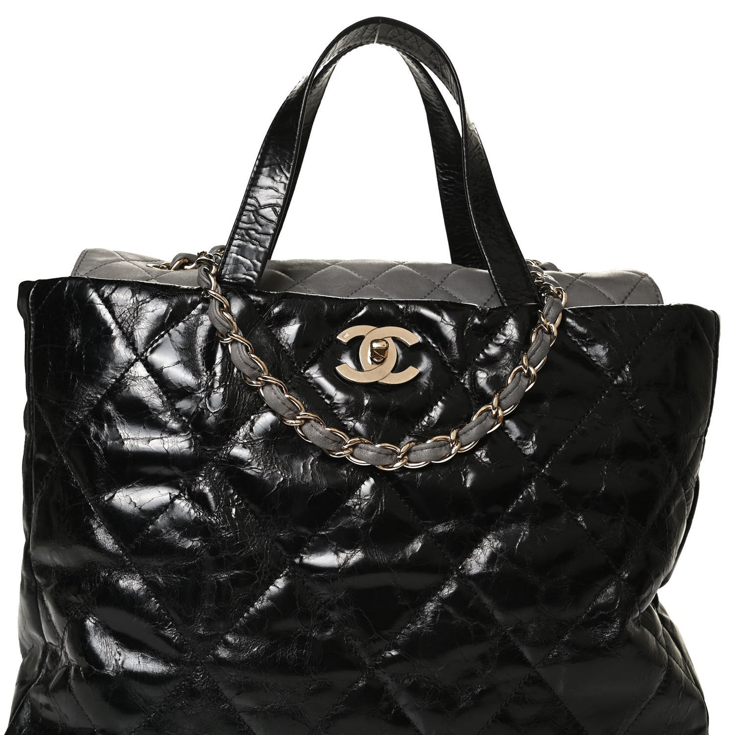 Glazed Calfskin Lambskin Quilted Portobello Tote Black Grey