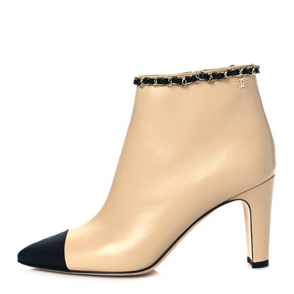 Chanel Lambskin Grosgrain CC Chain Cap Toe Short Boots 36 Beige Black 1 of 12