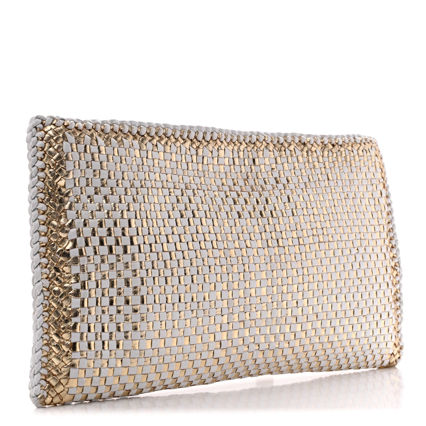 Goatskin Woven Zip Clutch Oro White