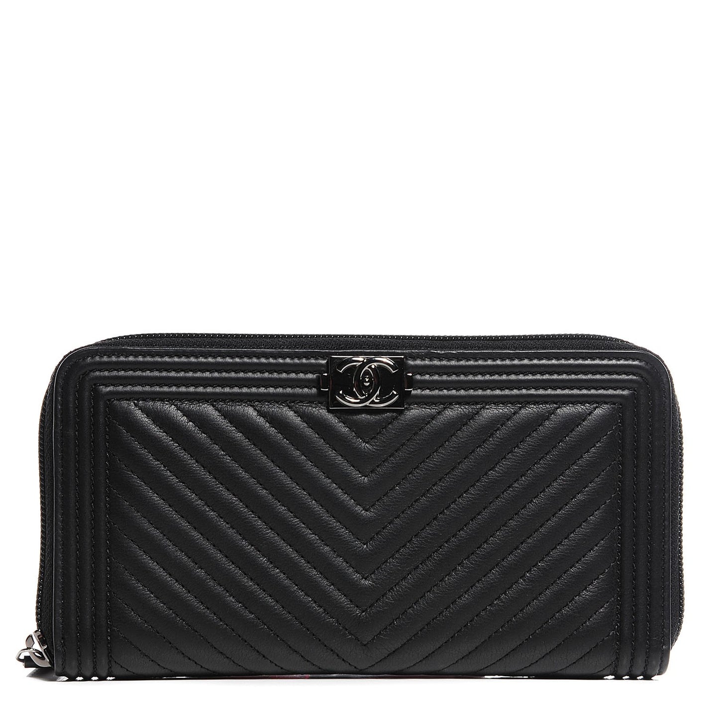 Calfskin Chevron Zip Around Boy Wallet Black