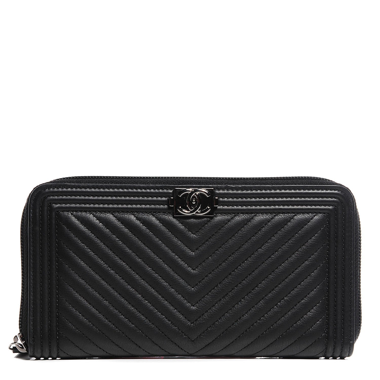 Chanel Calfskin Chevron Zip Around Boy Wallet Black 1 of 8