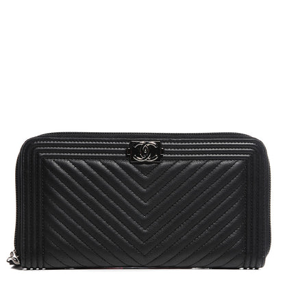 Chanel Calfskin Chevron Zip Around Boy Wallet Black 1 of 8