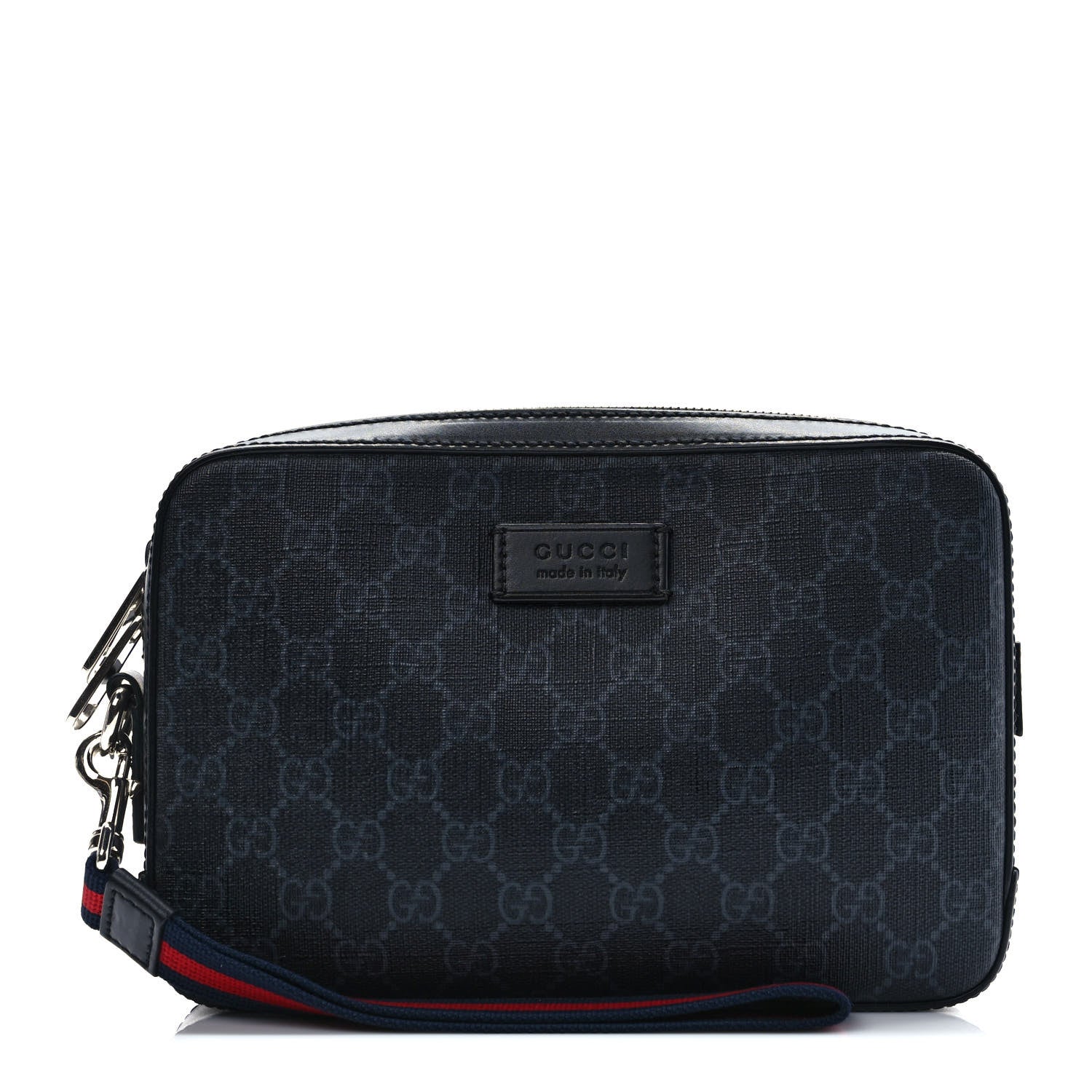 Gucci GG Supreme Monogram Appia Calfskin Web Wristlet Black 1 of 9