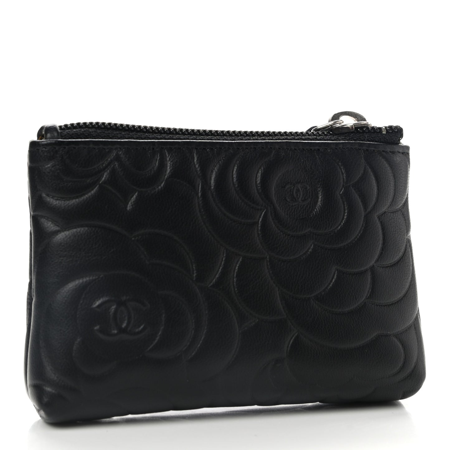Lambskin Camellia Embossed Key Holder Case Black