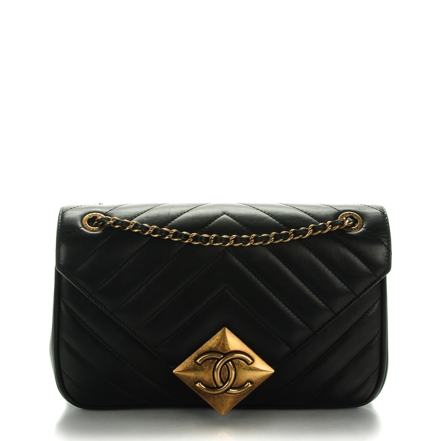 Lambskin Chevron Quilted Small Pyramid CC Flap Black