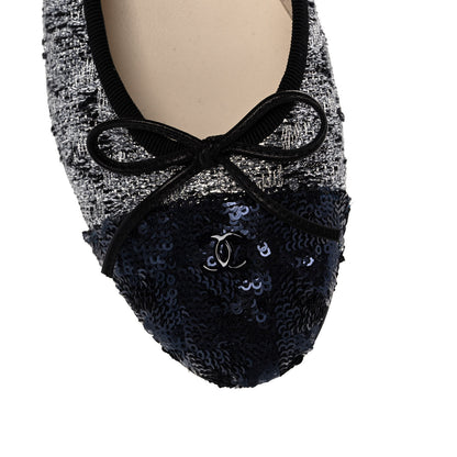 Chanel Tweed Sequin Cap Toe Ballerina Flats 37 Black Blue 10 of 11