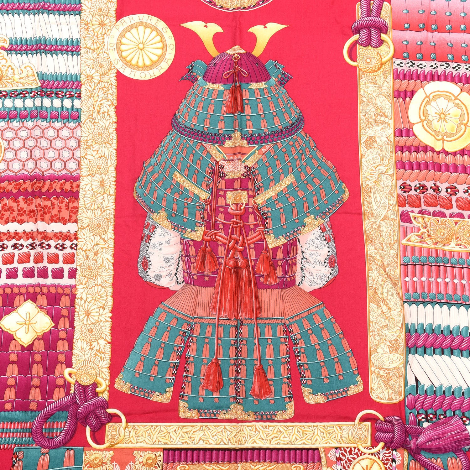 Hermes Cashmere Silk Parures De Samourais Shawl 140 Rose Indien Vert Corail 3 of 3