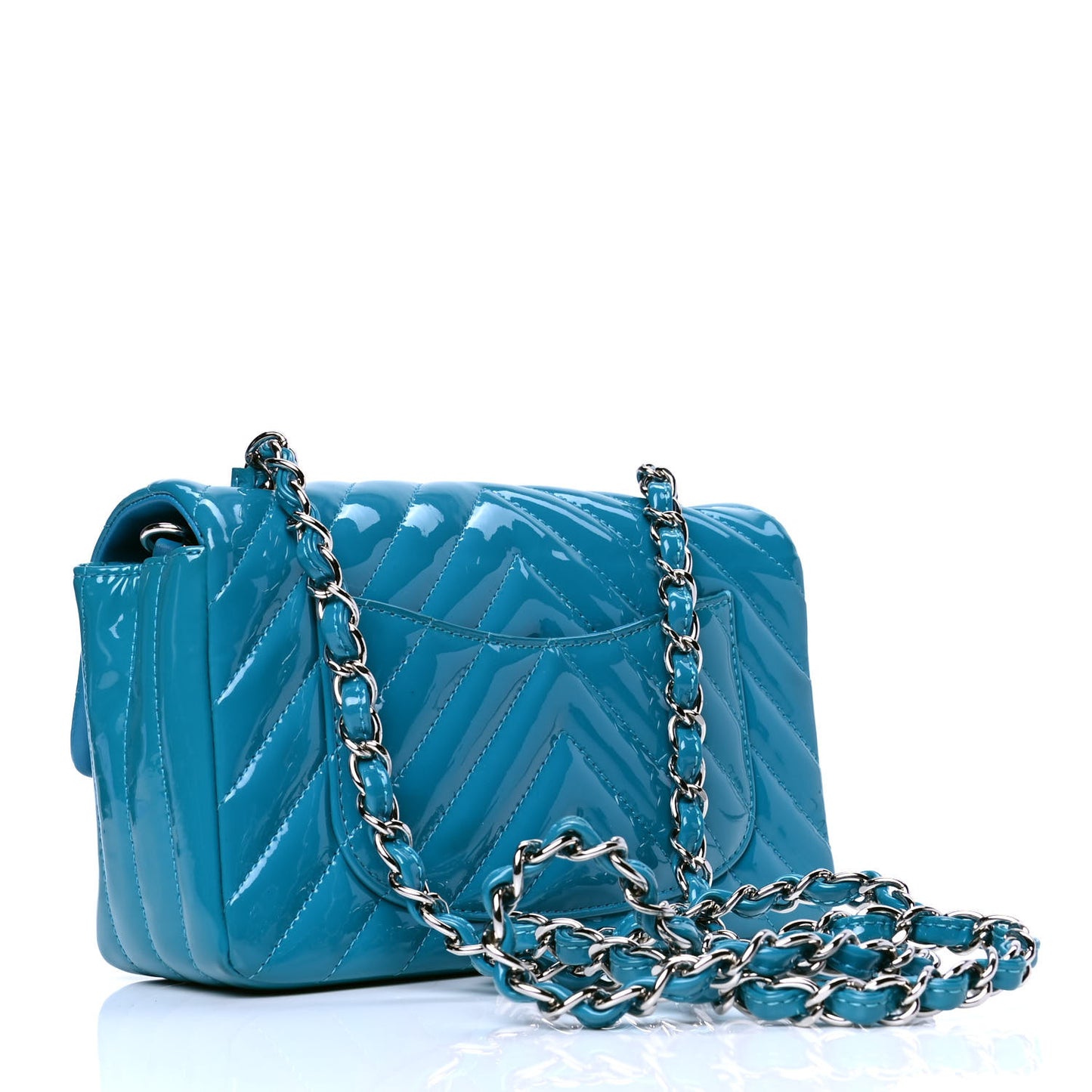Patent Calfskin Chevron Quilted Mini Rectangular Flap Blue