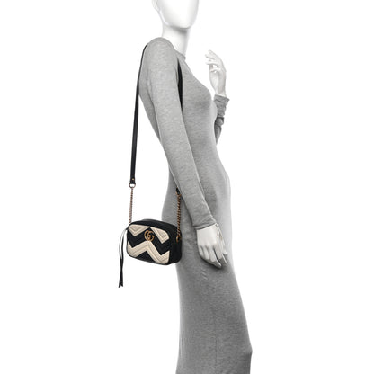 Gucci Calfskin Matelasse Mini GG Marmont Chain Shoulder Bag Black White 2 of 12
