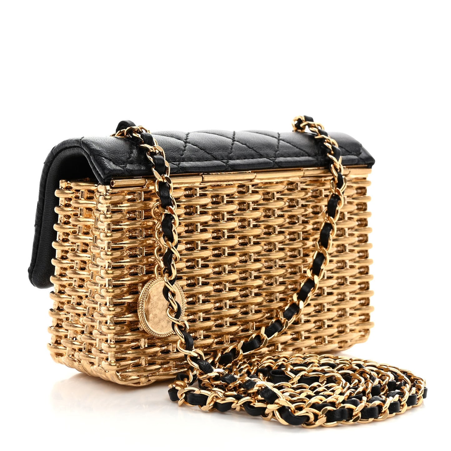 Woven Metal Lambskin Quilted Small Flap Black Gold