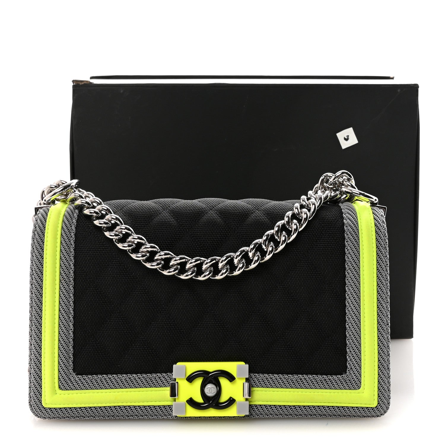 Chanel Canvas Quilted Medium Fluo Boy Flap Black Grey Yellow 11 of 11