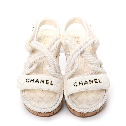 Chanel Cord Lambskin Quilted Logo Sandals 36 White 5 of 11