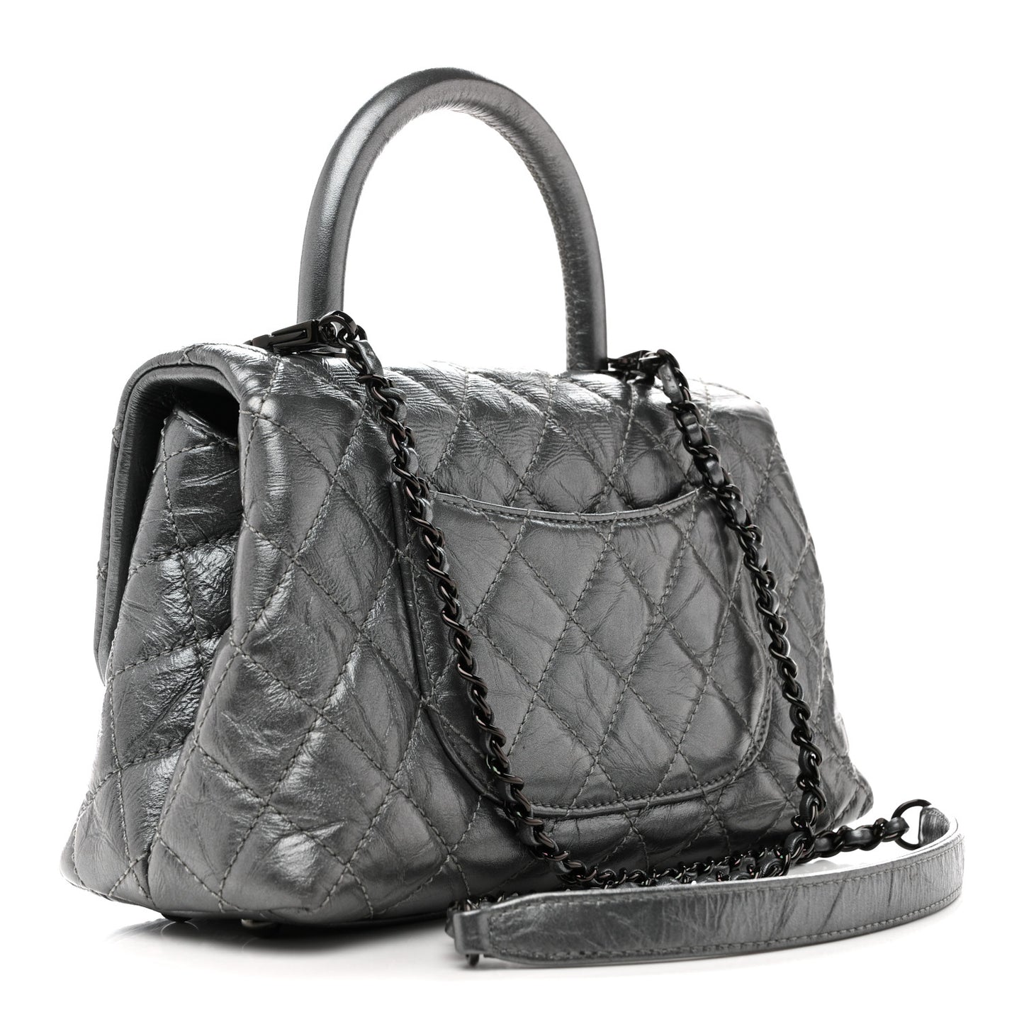 Metallic Aged Calfskin Quilted Mini Coco Handle Flap Charcoal