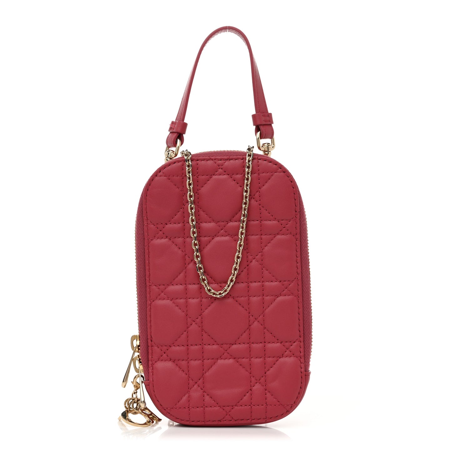 Lambskin Cannage Lady Dior Phone Holder Strawberry Pink