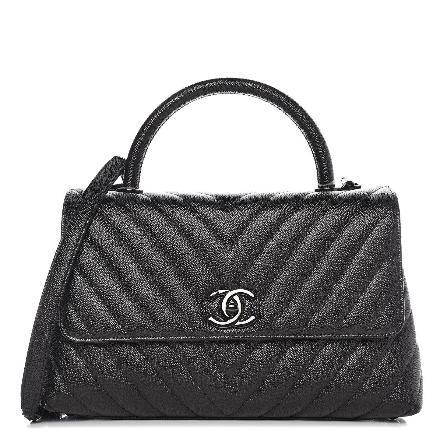 Caviar Chevron Quilted Small Coco Handle Flap So Black