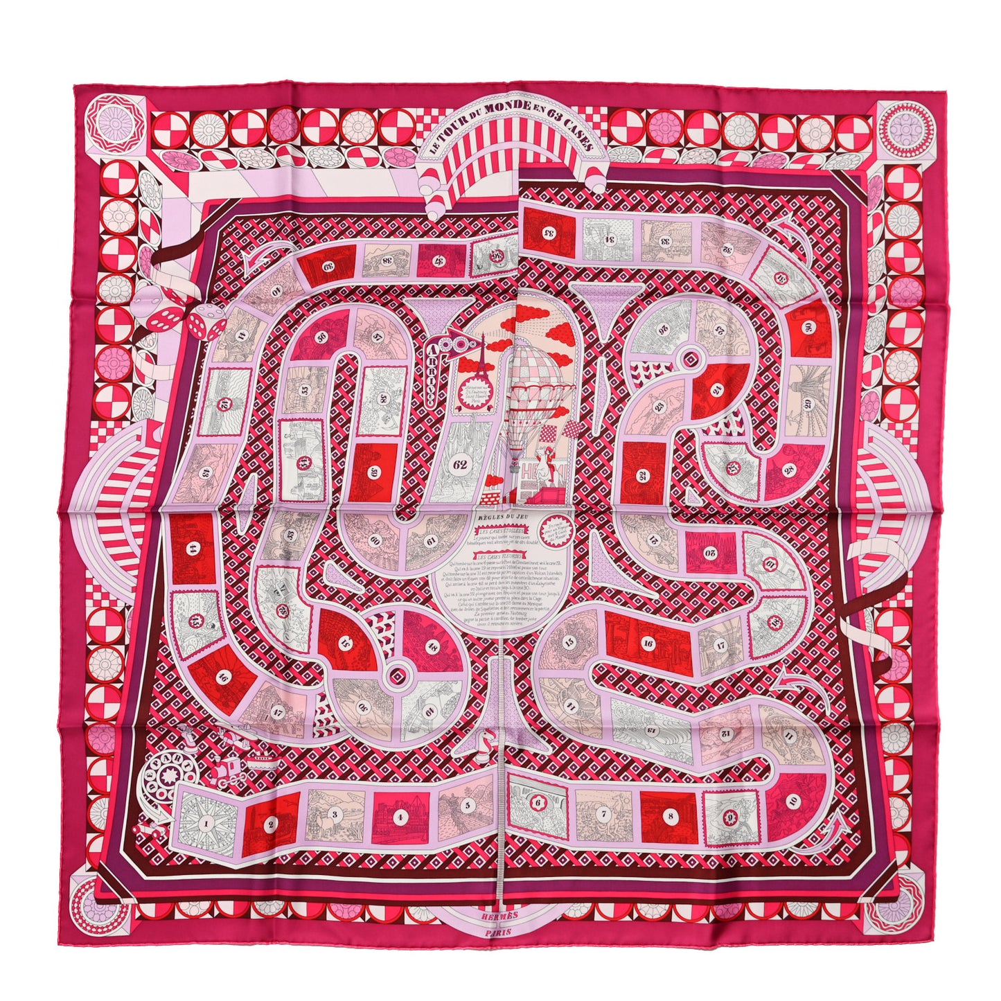 Silk Le Tour Du Monde En 63 Cases Scarf 90 Fuchsia Mauve White