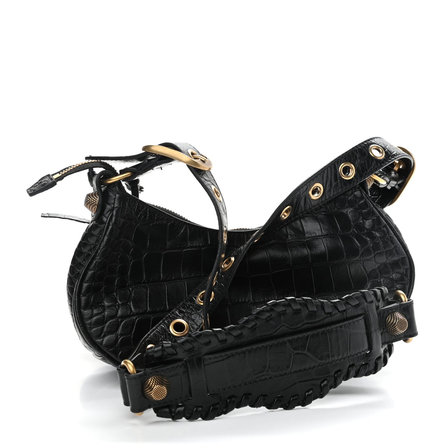 Extra Supple Calfskin Crocodile Embossed Le Cagole Shoulder Bag XS Black