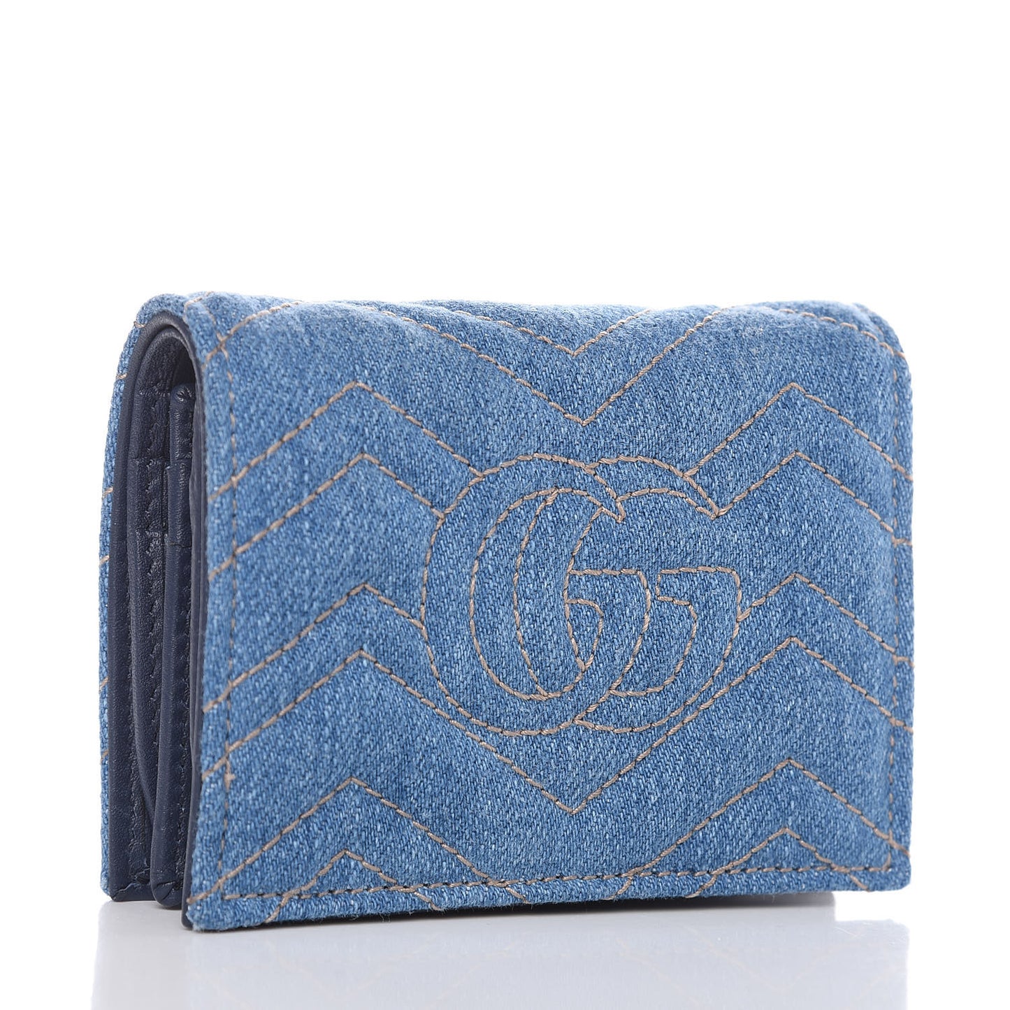 Denim Matelasse Pearly GG Marmont Card Case Wallet Blue