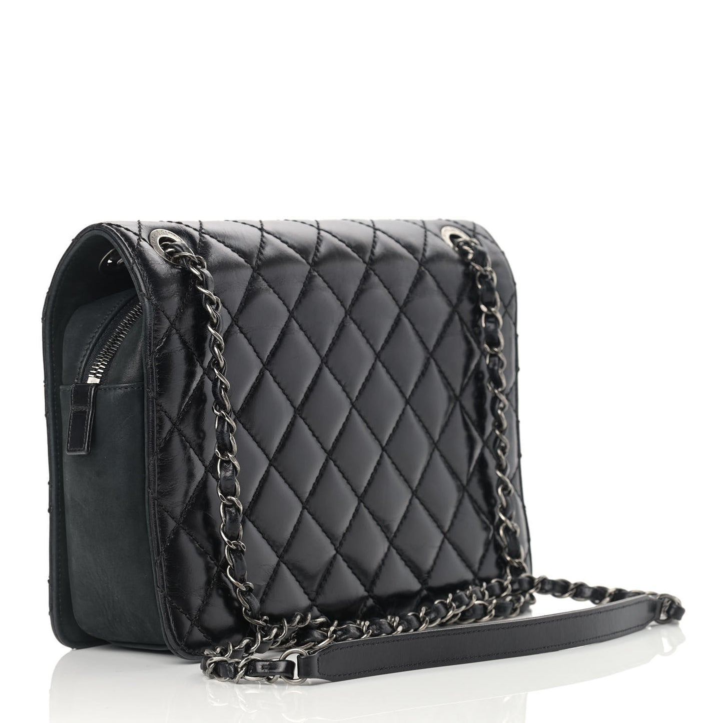 Glazed Calfskin Quilted Medium Day Trip Flap Black