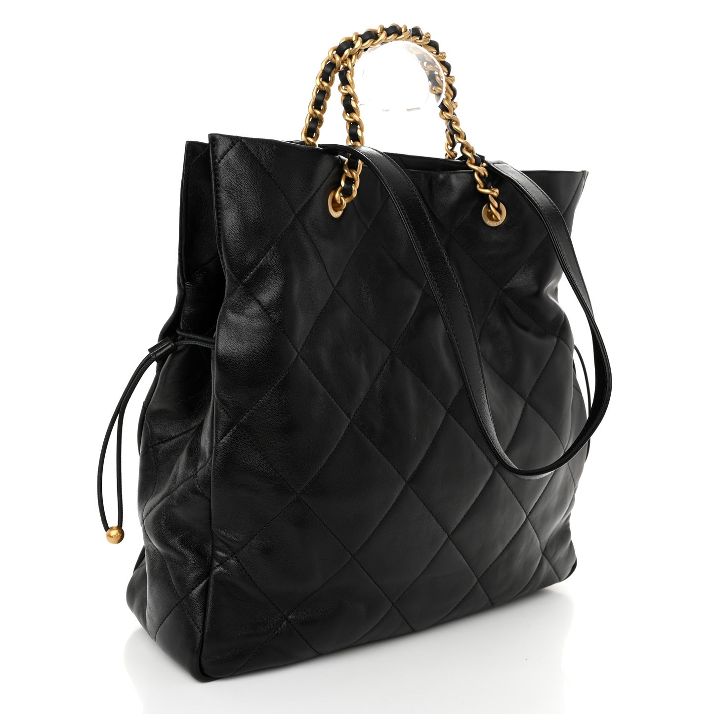 Shiny Lambskin Quilted Shopping Bag Black
