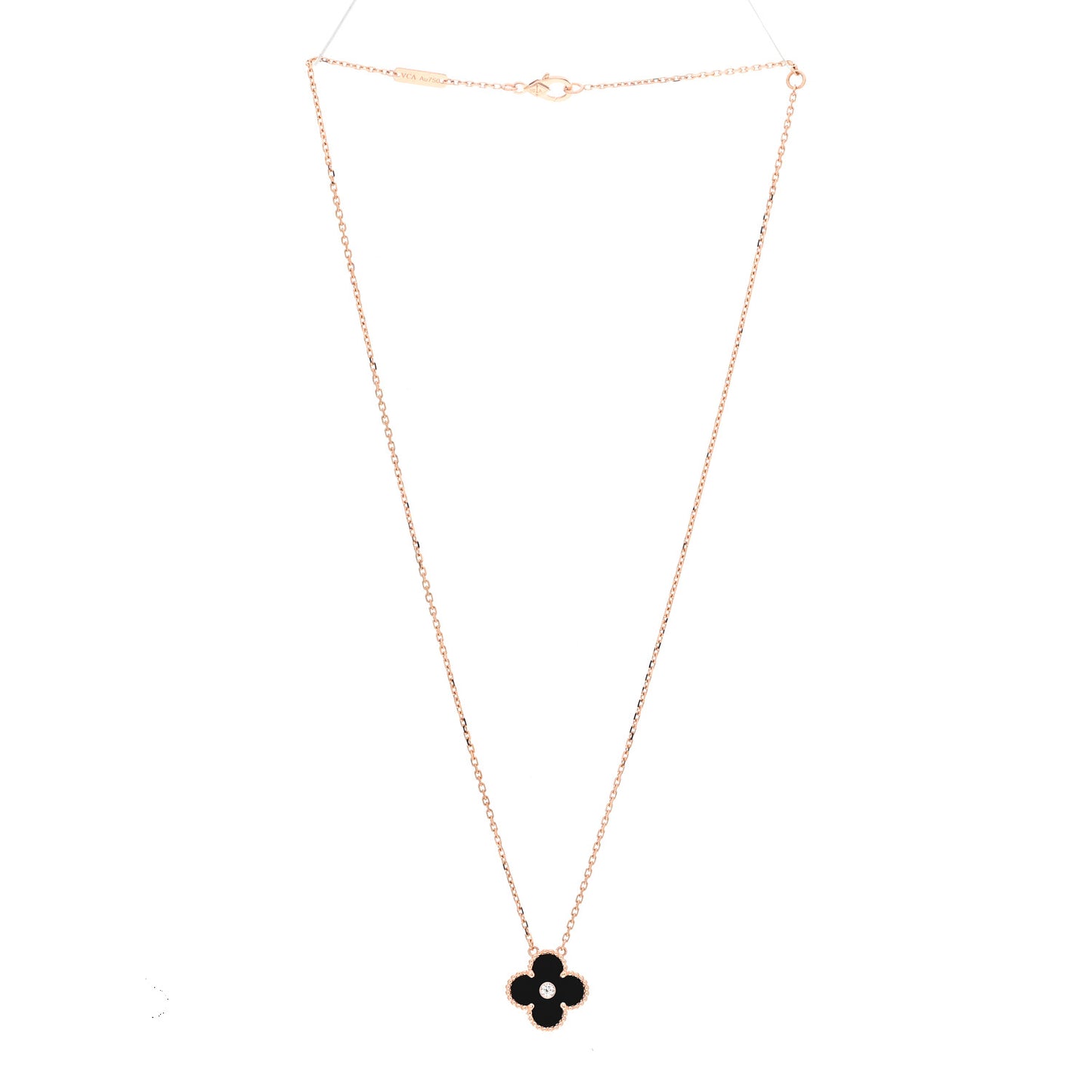 18K Rose Gold Diamond Black Onyx Vintage Alhambra Pendant Necklace