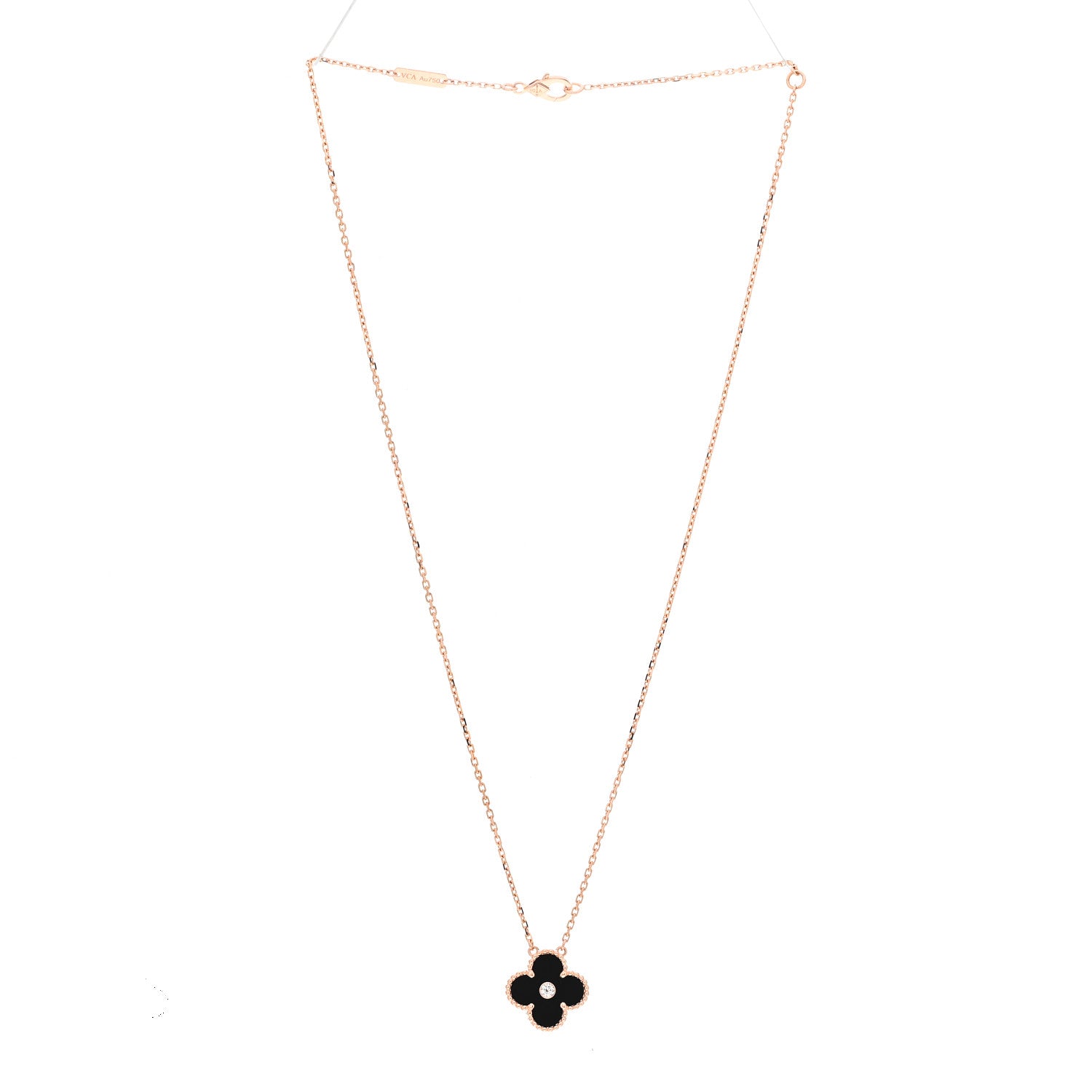 Van Cleef & Arpels 18K Rose Gold Diamond Black Onyx Vintage Alhambra Pendant Necklace 3 of 7