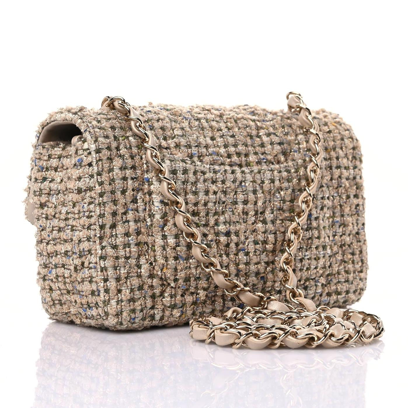 Tweed Quilted Mini Rectangular Flap Beige