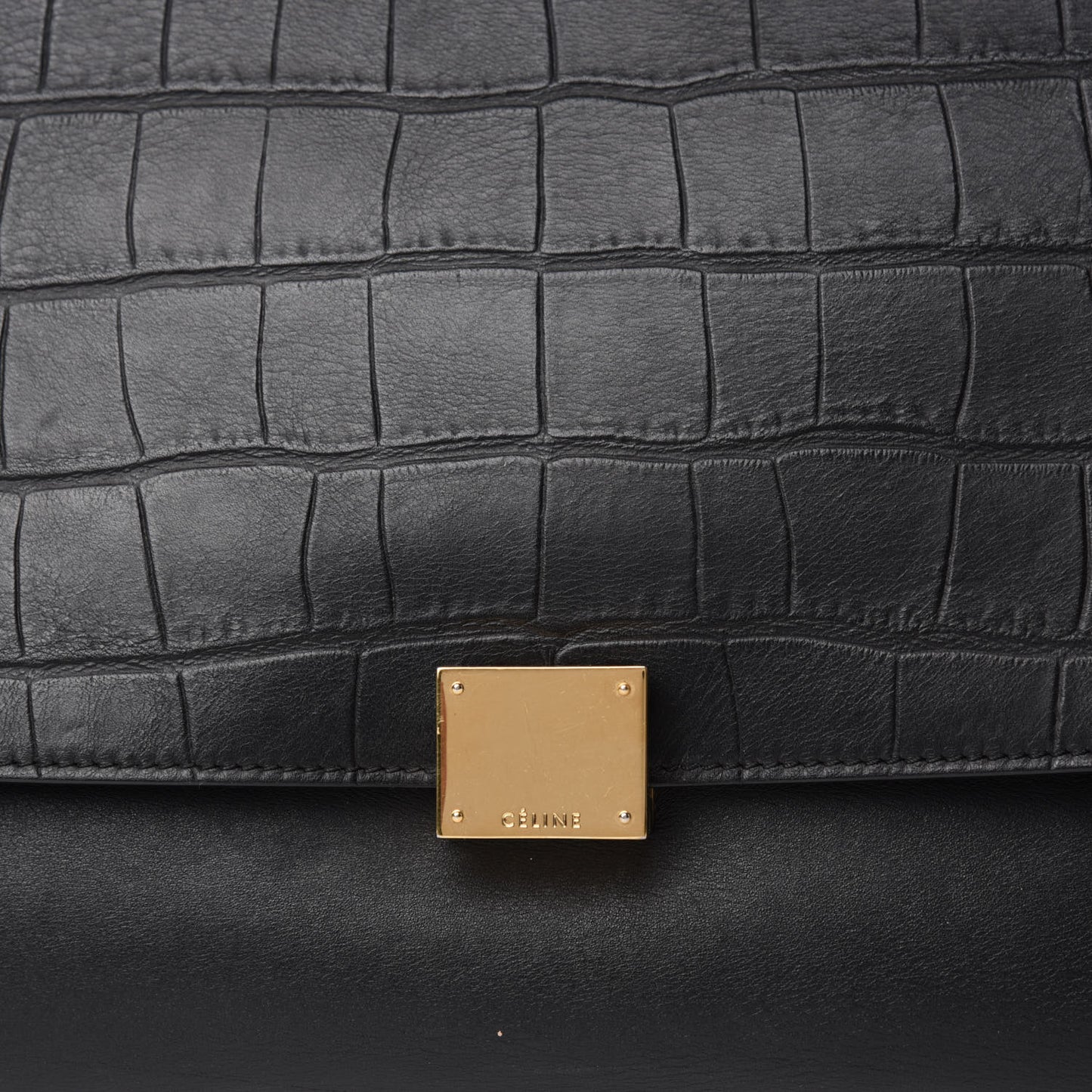 Calfskin Crocodile Embossed Suede Large Trapeze Black