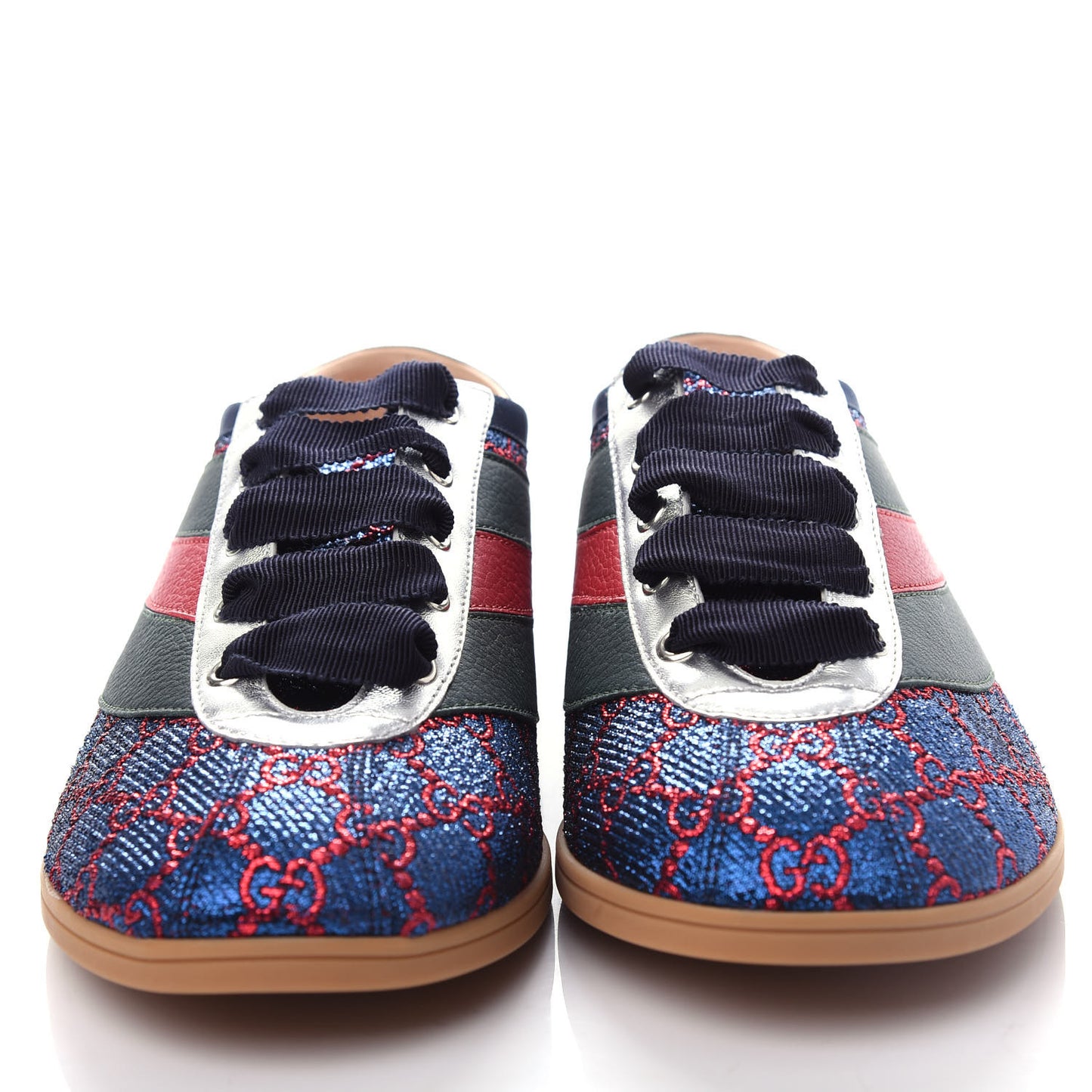 Lurex Calfskin Web GG Monogram Mens Falacer Sneakers 8.5 Iridescent Blue Iridescent Red Silver